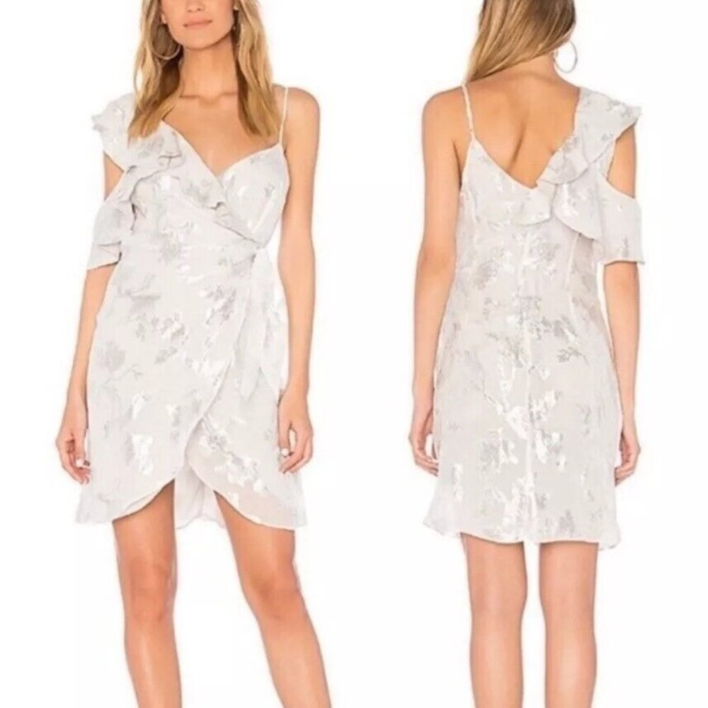 Bardot Silk Wrap Surplice Dress Size 6 Small Metallic Silver Asymmetric Ruffle